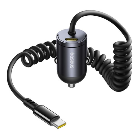 
USB-C automobilinis įkroviklis su integruotu 30 W spiraliniu USB-C laidu – juodas
