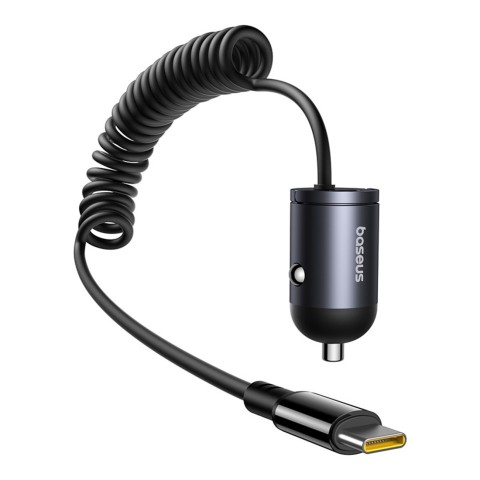 
USB-C automobilinis įkroviklis su integruotu 30 W spiraliniu USB-C laidu – juodas
