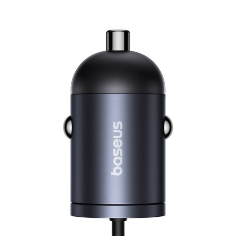 
USB-C automobilinis įkroviklis su integruotu 30 W spiraliniu USB-C laidu – juodas
