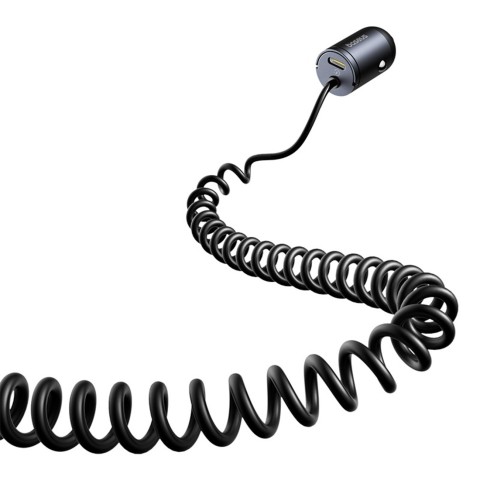 
USB-C automobilinis įkroviklis su integruotu 30 W spiraliniu USB-C laidu – juodas
