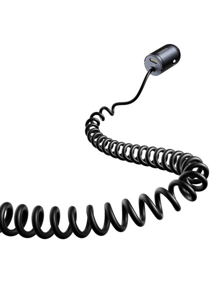 
USB-C automobilinis įkroviklis su integruotu 30 W spiraliniu USB-C laidu – juodas
