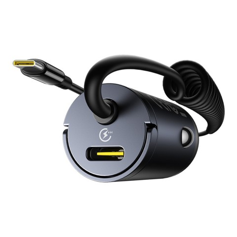 
USB-C automobilinis įkroviklis su integruotu 30 W spiraliniu USB-C laidu – juodas
