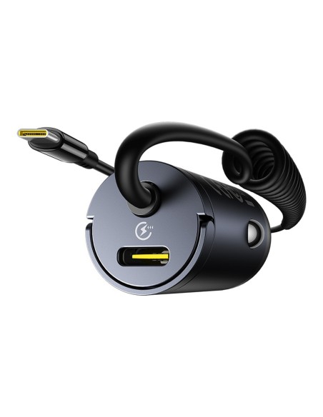 
USB-C automobilinis įkroviklis su integruotu 30 W spiraliniu USB-C laidu – juodas
