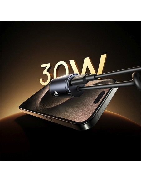 
USB-C automobilinis įkroviklis su integruotu 30 W spiraliniu USB-C laidu – juodas
