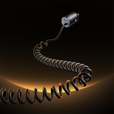 
USB-C automobilinis įkroviklis su integruotu 30 W spiraliniu USB-C laidu – juodas
