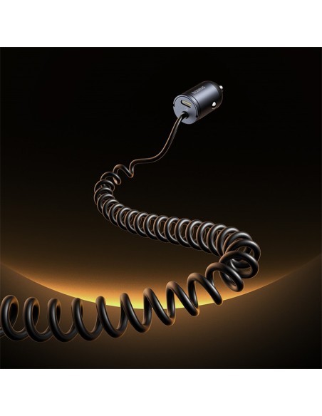 
USB-C automobilinis įkroviklis su integruotu 30 W spiraliniu USB-C laidu – juodas
