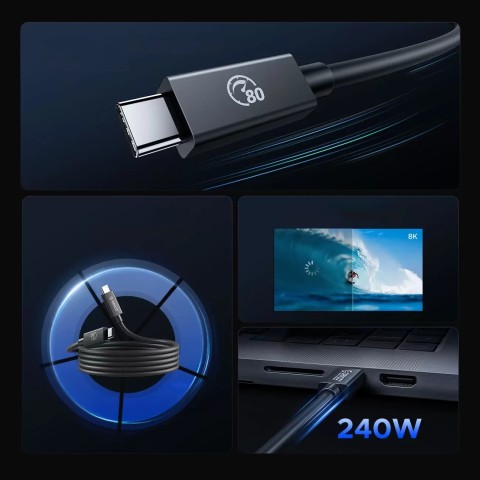 
USB-C laidas USB4 Thunderbolt5 80Gbps 240W 2m - juodas
