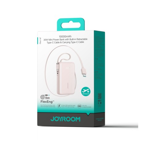 
10000mAh 35W nešiojamas įkroviklis su ištraukiamu USB-C laidu ir USB-C dirželiu – rožinis
