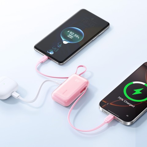 
10000mAh 35W nešiojamas įkroviklis su ištraukiamu USB-C laidu ir USB-C dirželiu – rožinis
