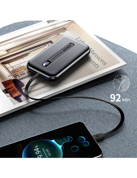 Powerbank 10000mAh 20W Quick Charge USB USB-C integruotas USB-C laidas juodas