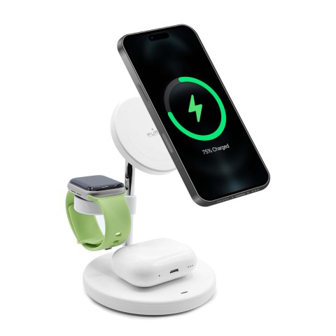 
3 viename belaidis įkroviklis su stovu, skirtas „iPhone AirPods“ ausinėms su USB-A adapteriu – baltas
