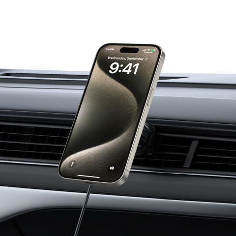 
Automobilinis laikiklis su indukciniu įkrovikliu išmaniajam telefonui ant grotelių arba prietaisų skydelio 15 W - juoda...