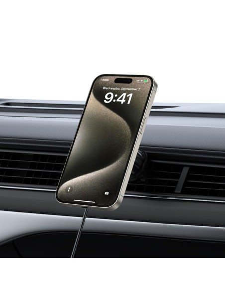 
Automobilinis laikiklis su indukciniu įkrovikliu išmaniajam telefonui ant grotelių arba prietaisų skydelio 15 W - juoda...