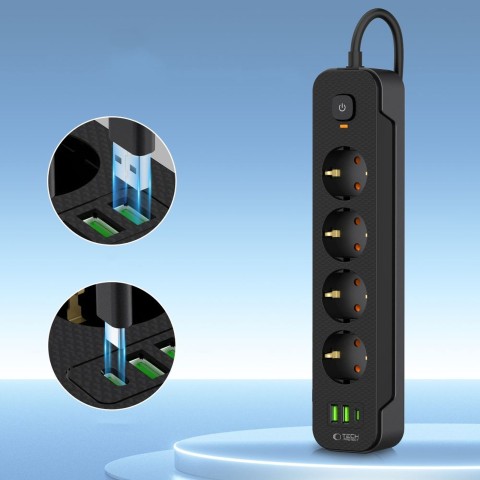 
Maitinimo laido ilgintuvas, 4 lizdai, 240V, USB-A, USB-C, 2 m, juodas
