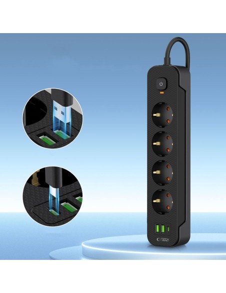 
Maitinimo laido ilgintuvas, 4 lizdai, 240V, USB-A, USB-C, 2 m, juodas
