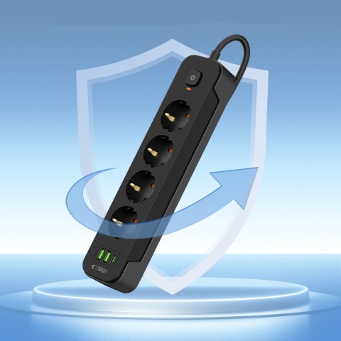 
Maitinimo laido ilgintuvas, 4 lizdai, 240V, USB-A, USB-C, 2 m, juodas

