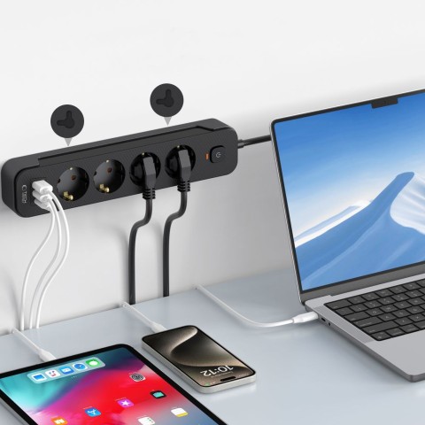 
Maitinimo laido ilgintuvas, 4 lizdai, 240V, USB-A, USB-C, 2 m, juodas
