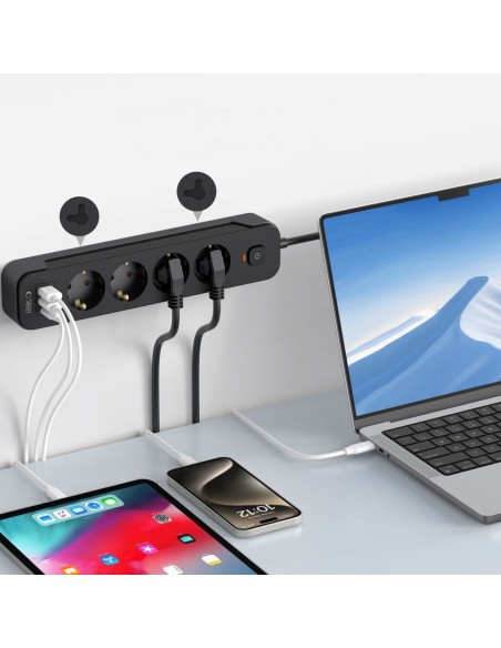 
Maitinimo laido ilgintuvas, 4 lizdai, 240V, USB-A, USB-C, 2 m, juodas
