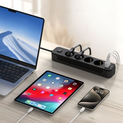 
Maitinimo laido ilgintuvas, 4 lizdai, 240V, USB-A, USB-C, 2 m, juodas
