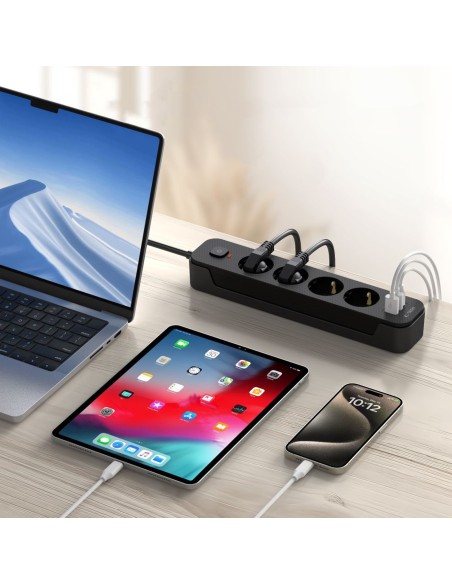 
Maitinimo laido ilgintuvas, 4 lizdai, 240V, USB-A, USB-C, 2 m, juodas
