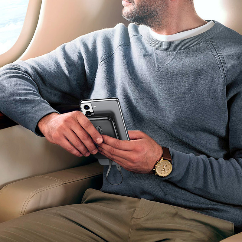 Powerbank 10000mAh 20W Quick Charge USB USB-C integruotas USB-C laidas juodas