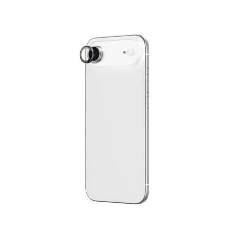 
„iPhone 17 Air“ kameros stiklas su juodu aliuminio rėmeliu. Objektyvo stiklas.
