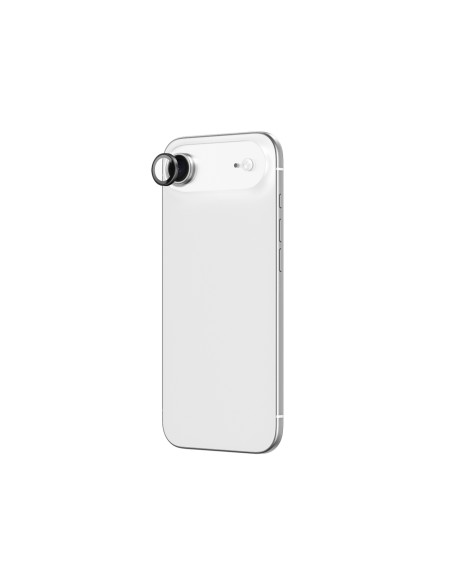 
„iPhone 17 Air“ kameros stiklas su juodu aliuminio rėmeliu. Objektyvo stiklas.
