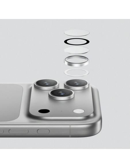
iPhone 17 Pro / Pro Max kameros stiklas su juodu aliuminio rėmeliu ir objektyvo stiklu
