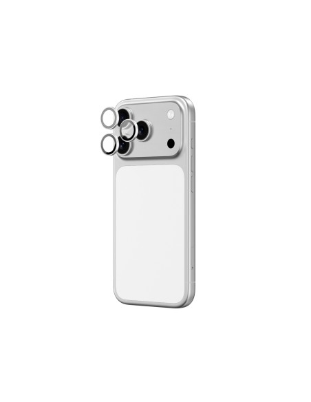 
„iPhone 17 Pro / Pro Max“ safyrinis kameros stiklas su sidabriniu rėmeliu
