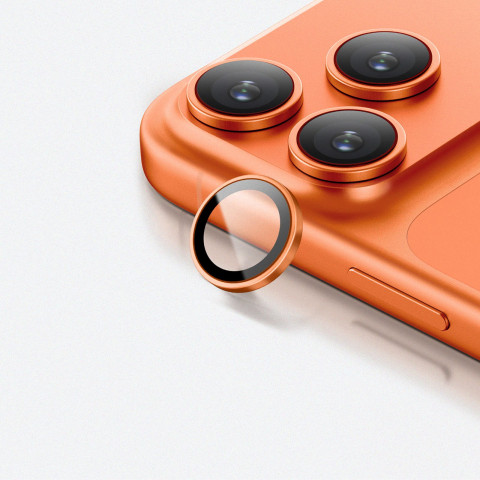 
„iPhone 17 Pro / Pro Max AR“ safyrinis lęšio stiklas – oranžinis rėmelis
