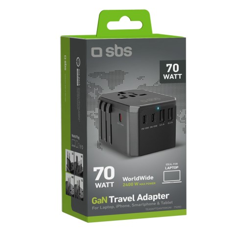 
Kelioninis adapteris ES JK JAV AUS USB-C USB-A GaN 70W - juodas
