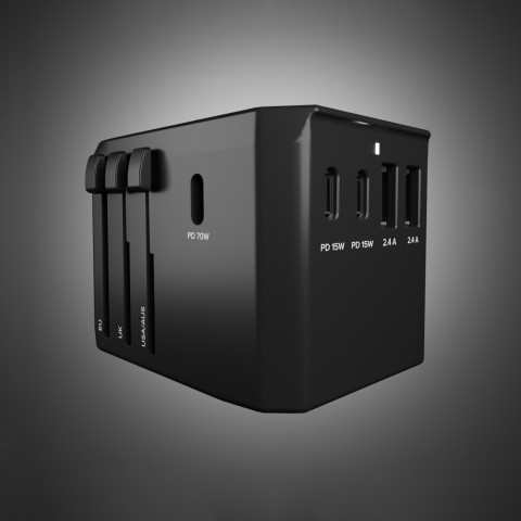 
Kelioninis adapteris ES JK JAV AUS USB-C USB-A GaN 70W - juodas
