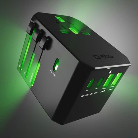 
Kelioninis adapteris ES JK JAV AUS USB-C USB-A GaN 70W - juodas
