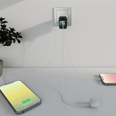 
Kelioninis adapteris ES JK JAV AUS USB-C USB-A GaN 70W - juodas
