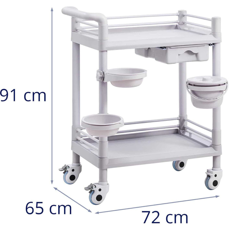 Kosmetikos laboratorinis vežimėlis 2 lentynos 1 stalčius 3 konteineriai 72 x 65 x 91 cm 20 kg