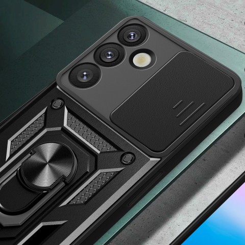 
Šarvuotas dėklas su kameros dangteliu, žiedu ir stovu, skirtas „Samsung Galaxy S25+ Hybrid Armor Camshield“ – juodas
