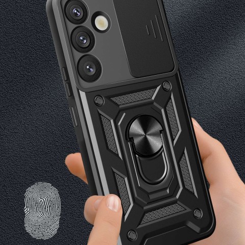 
Šarvuotas dėklas su kameros dangteliu, žiedu ir stovu, skirtas „Samsung Galaxy S25+ Hybrid Armor Camshield“ – juodas
