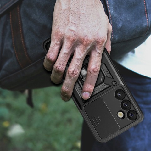 
Šarvuotas dėklas su kameros dangteliu, žiedu ir stovu, skirtas „Samsung Galaxy S25+ Hybrid Armor Camshield“ – juodas
