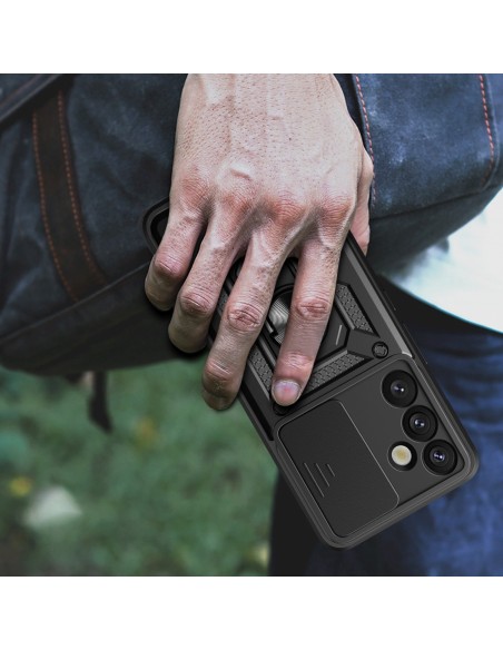 
Šarvuotas dėklas su kameros dangteliu, žiedu ir stovu, skirtas „Samsung Galaxy S25+ Hybrid Armor Camshield“ – juodas
