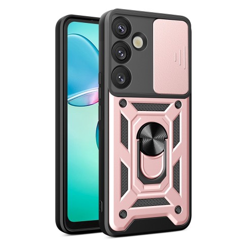 
Šarvuotas dėklas su kameros dangteliu, žiedu ir stovu, skirtas „Samsung Galaxy S25+ Hybrid Armor Camshield“ – rožinis
