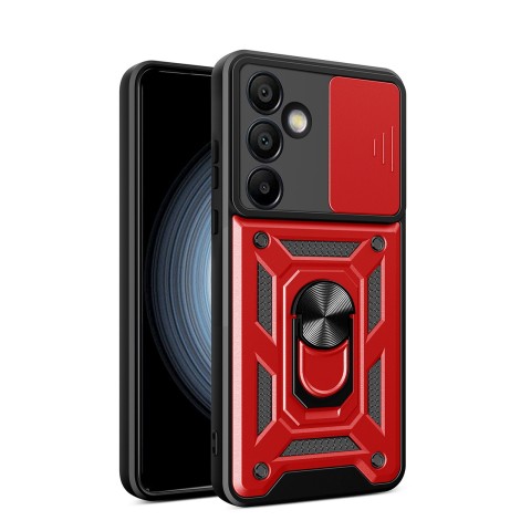 
Šarvuotas dėklas su kameros dangteliu, žiedu ir stovu, skirtas „Samsung Galaxy S25+ Hybrid Armor Camshield“ – raudonas
