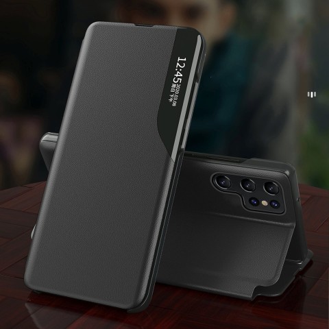 
„Samsung Galaxy S24 FE“ ekologiškos odos dėklas su atlenkiama ir stovu – juodas

