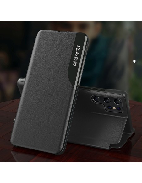 
„Samsung Galaxy S24 FE“ ekologiškos odos dėklas su atlenkiama ir stovu – juodas

