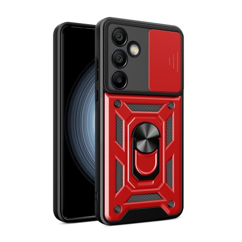 
Šarvuotas dėklas su kameros dangteliu ir stovu, skirtas „Samsung Galaxy S24 FE Hybrid Armor Camshield“ - raudonas
