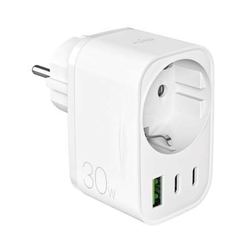 
Sieninis įkroviklis su Schuko kištuku, USB-C, USB-A, 30 W maitinimo šaltiniu – baltas
