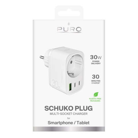 
Sieninis įkroviklis su Schuko kištuku, USB-C, USB-A, 30 W maitinimo šaltiniu – baltas
