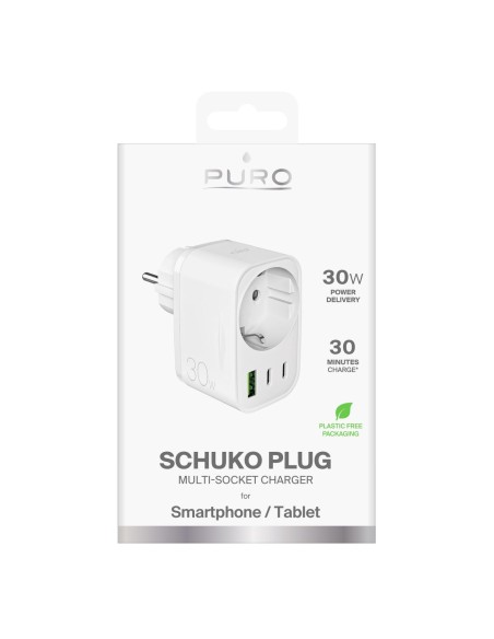 
Sieninis įkroviklis su Schuko kištuku, USB-C, USB-A, 30 W maitinimo šaltiniu – baltas
