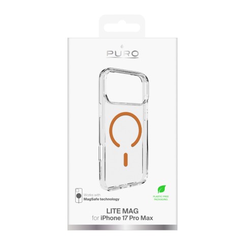 
„iPhone 17 Pro Max Lite“ „MagSafe“ dėklas – permatomas oranžinis žiedas

