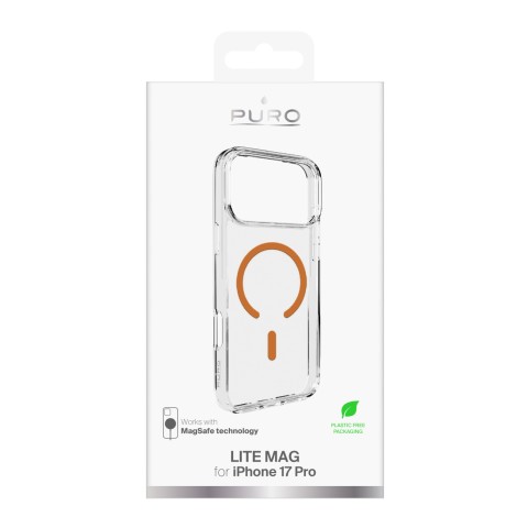 
„iPhone 17 Pro Lite“ „MagSafe“ dėklas – permatomas oranžinis žiedas
