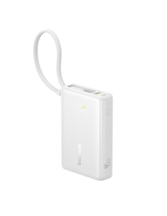 
„PicoGo“ 10000mAh 45W USB-A USB-C išorinė baterija su integruotu ekrano laidu – balta
